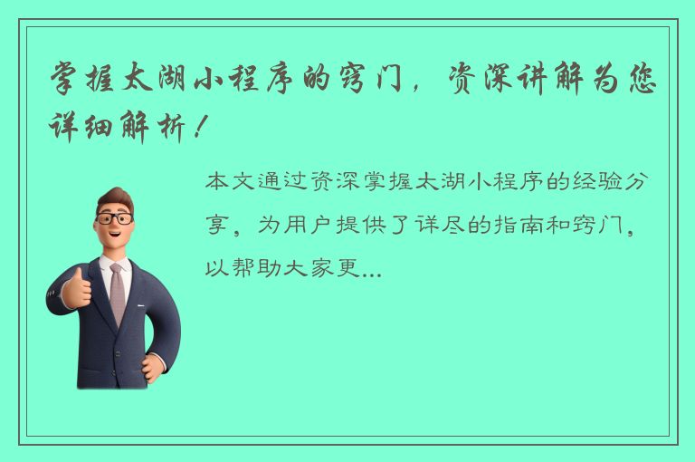 掌握太湖小程序的窍门，资深讲解为您详细解析！