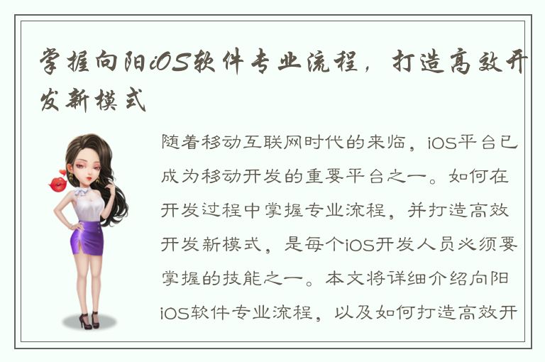 掌握向阳iOS软件专业流程，打造高效开发新模式