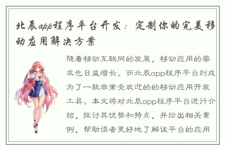 北辰app程序平台开发：定制你的完美移动应用解决方案