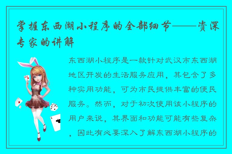 掌握东西湖小程序的全部细节——资深专家的讲解