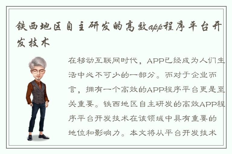 铁西地区自主研发的高效app程序平台开发技术