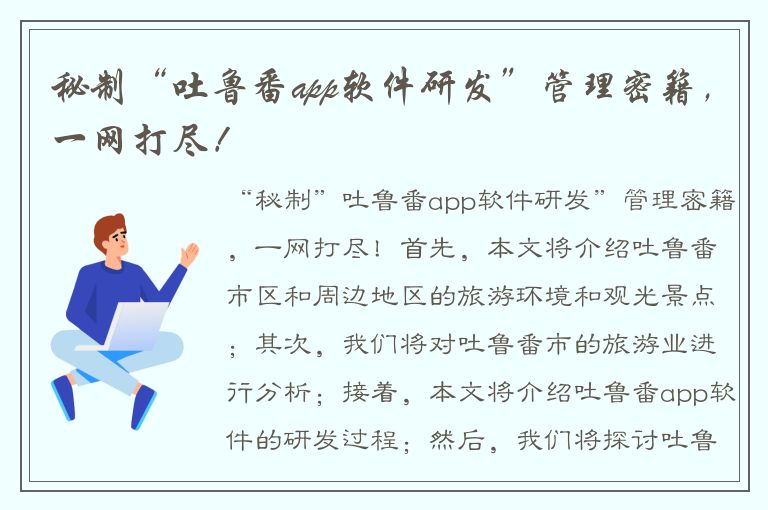 秘制“吐鲁番app软件研发”管理密籍，一网打尽！