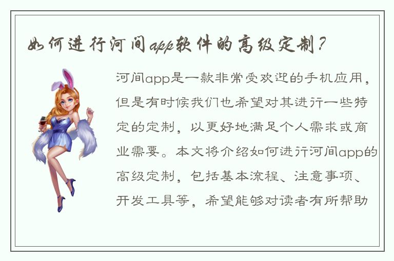 如何进行河间app软件的高级定制？