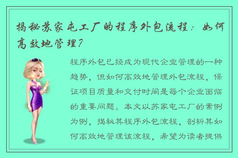 揭秘苏家屯工厂的程序外包流程：如何高效地管理？