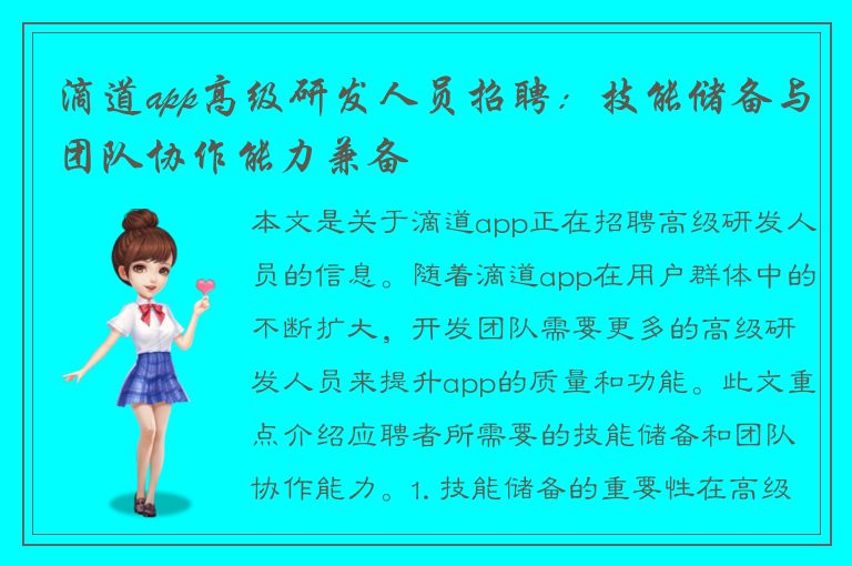 滴道app高级研发人员招聘：技能储备与团队协作能力兼备