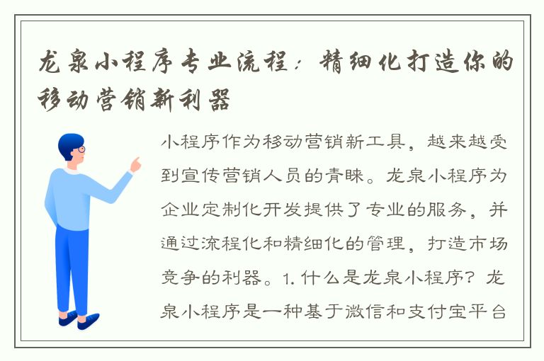 龙泉小程序专业流程：精细化打造你的移动营销新利器