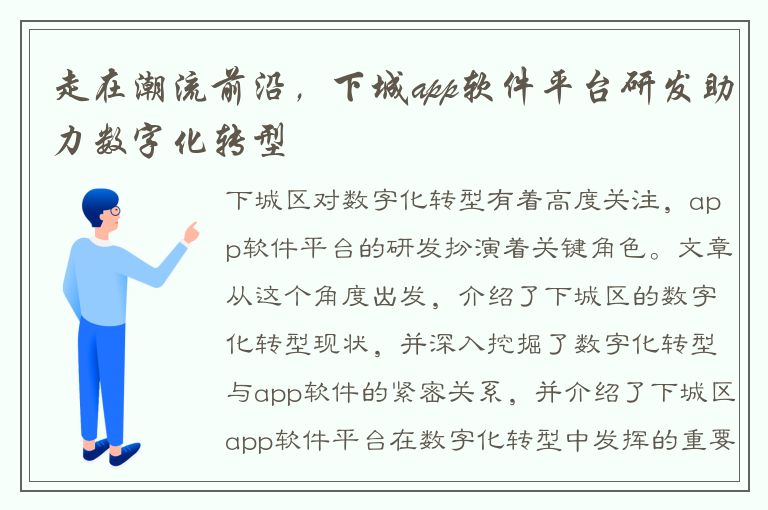 走在潮流前沿，下城app软件平台研发助力数字化转型