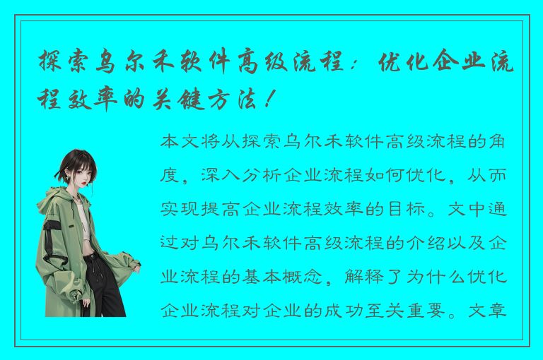 探索乌尔禾软件高级流程：优化企业流程效率的关键方法！