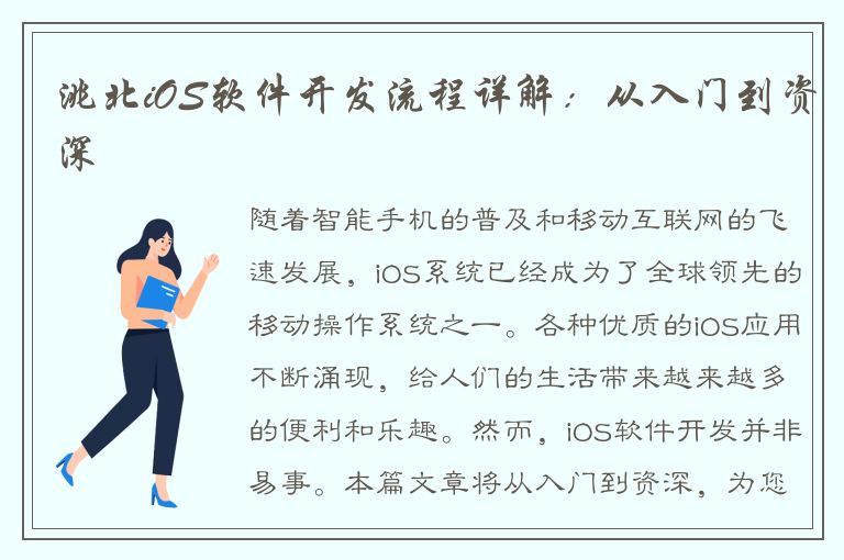 洮北iOS软件开发流程详解：从入门到资深