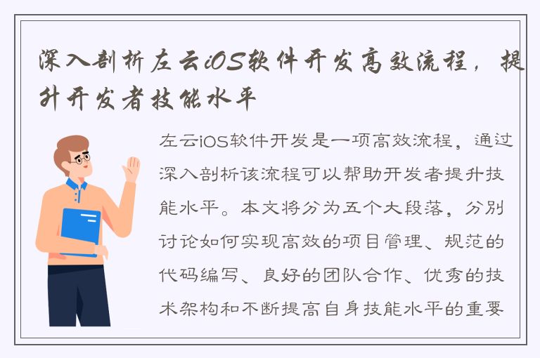 深入剖析左云iOS软件开发高效流程，提升开发者技能水平