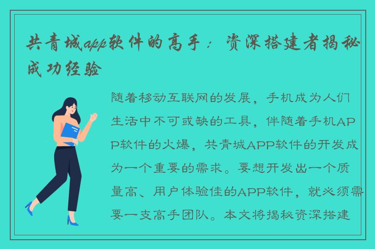 共青城app软件的高手：资深搭建者揭秘成功经验