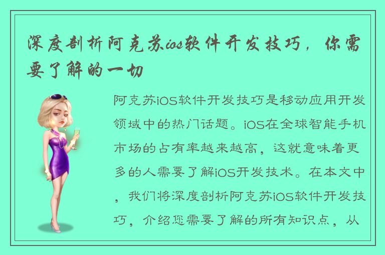 深度剖析阿克苏ios软件开发技巧，你需要了解的一切