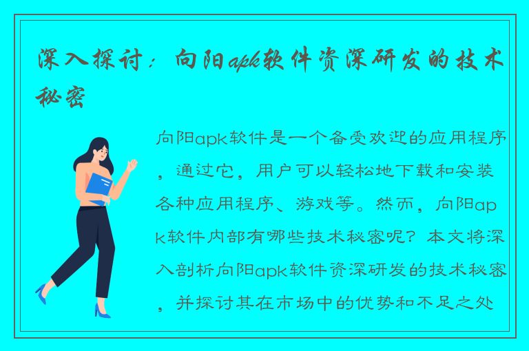 深入探讨：向阳apk软件资深研发的技术秘密