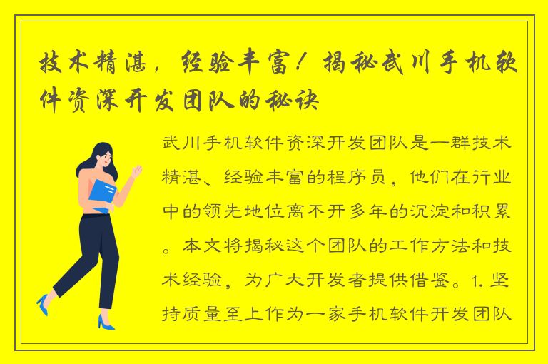 技术精湛，经验丰富！揭秘武川手机软件资深开发团队的秘诀