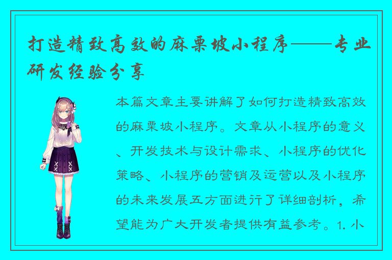 打造精致高效的麻栗坡小程序——专业研发经验分享