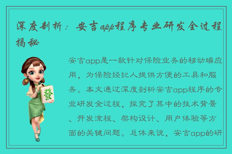 深度剖析：安吉app程序专业研发全过程揭秘