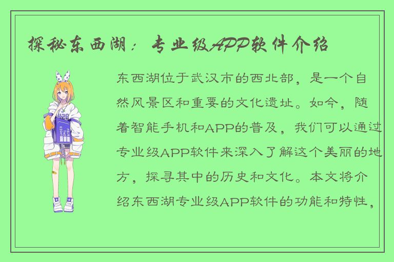 探秘东西湖：专业级APP软件介绍