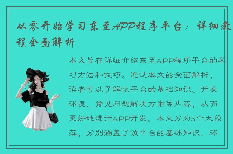 从零开始学习东至APP程序平台：详细教程全面解析