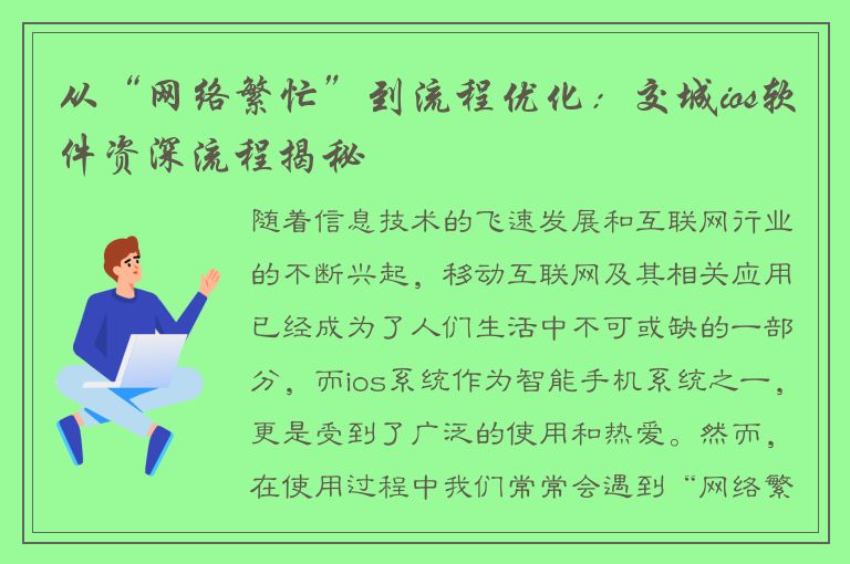 从“网络繁忙”到流程优化：交城ios软件资深流程揭秘