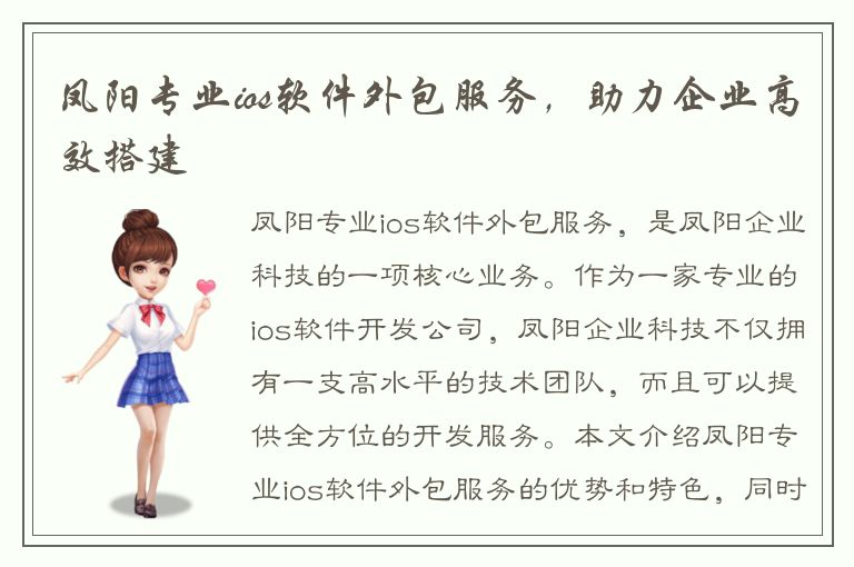 凤阳专业ios软件外包服务，助力企业高效搭建