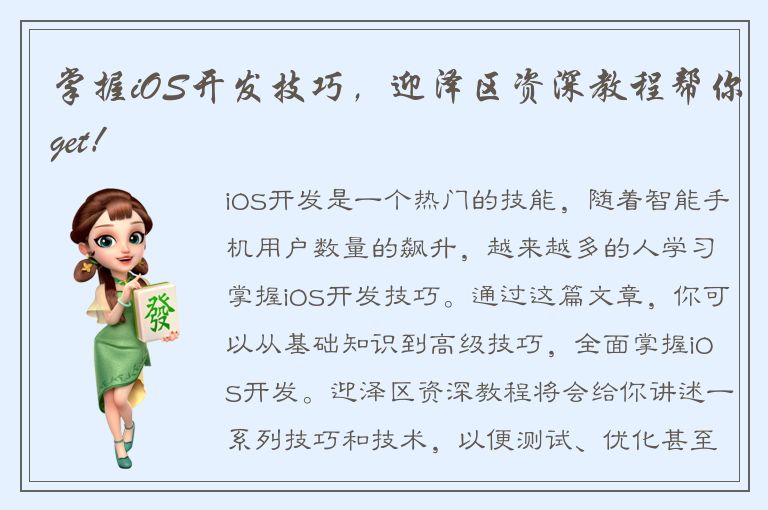 掌握iOS开发技巧，迎泽区资深教程帮你get！