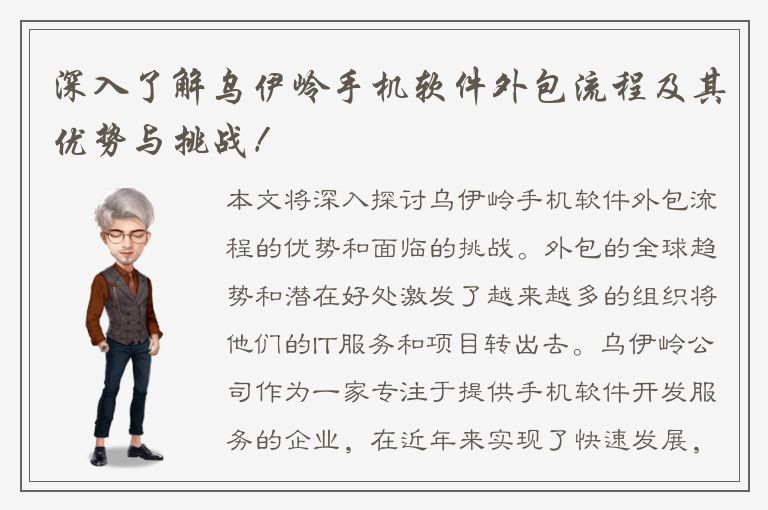 深入了解乌伊岭手机软件外包流程及其优势与挑战！