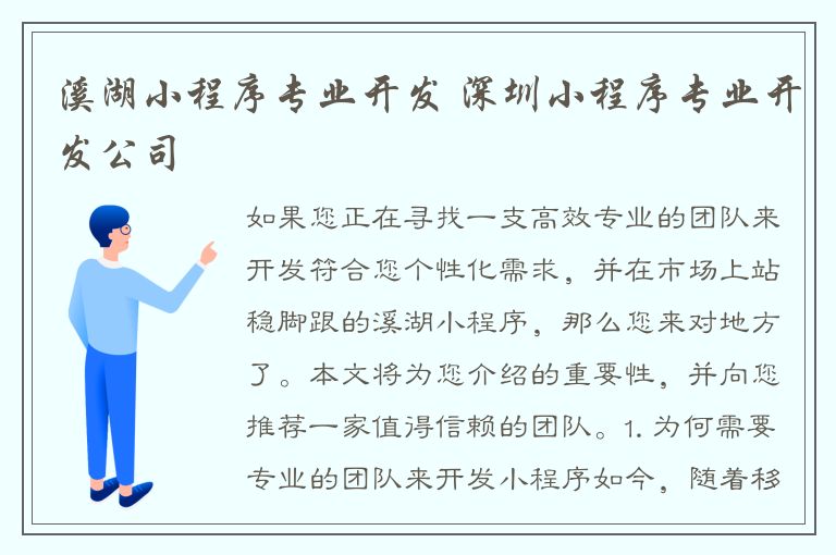 溪湖小程序专业开发 深圳小程序专业开发公司