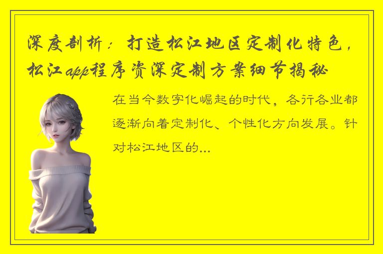 深度剖析：打造松江地区定制化特色，松江app程序资深定制方案细节揭秘