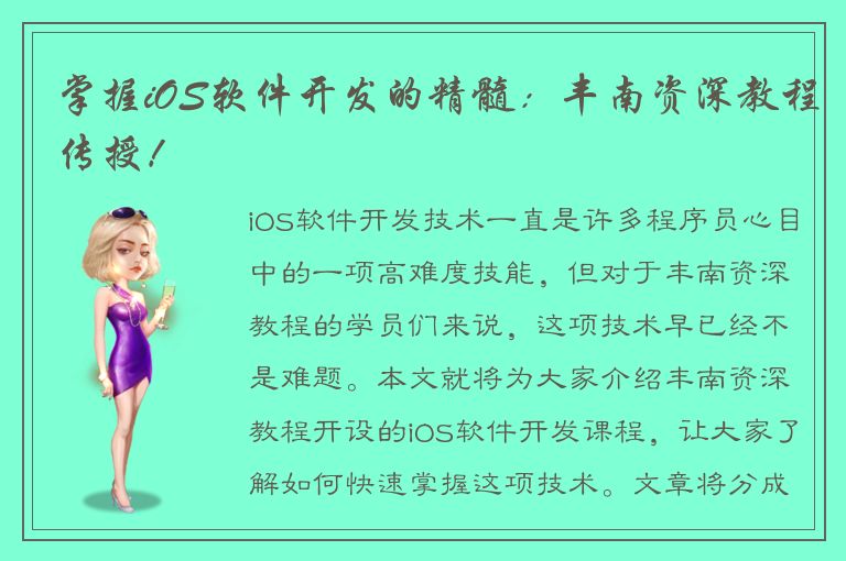 掌握iOS软件开发的精髓：丰南资深教程传授！