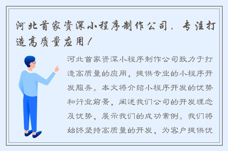 河北首家资深小程序制作公司，专注打造高质量应用！