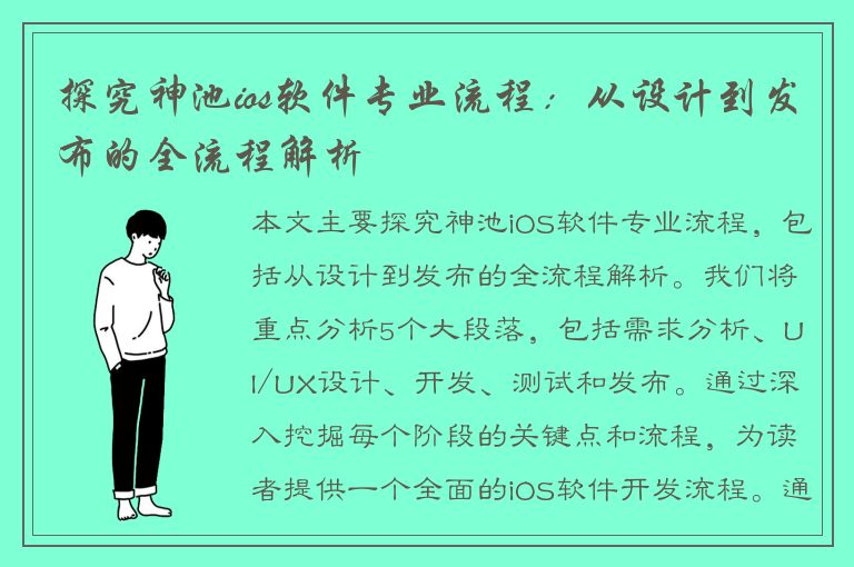 探究神池ios软件专业流程：从设计到发布的全流程解析