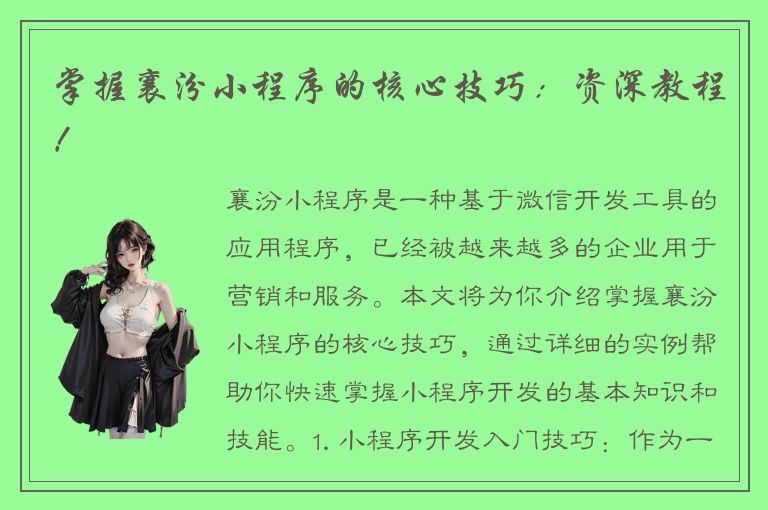 掌握襄汾小程序的核心技巧：资深教程！