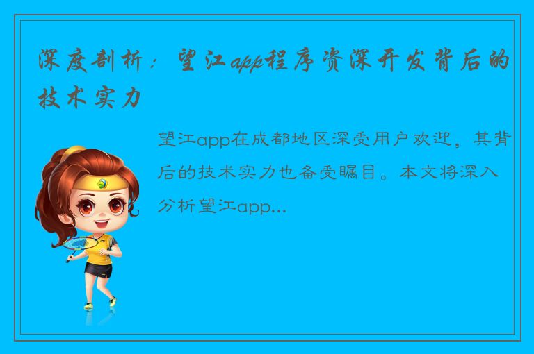 深度剖析：望江app程序资深开发背后的技术实力