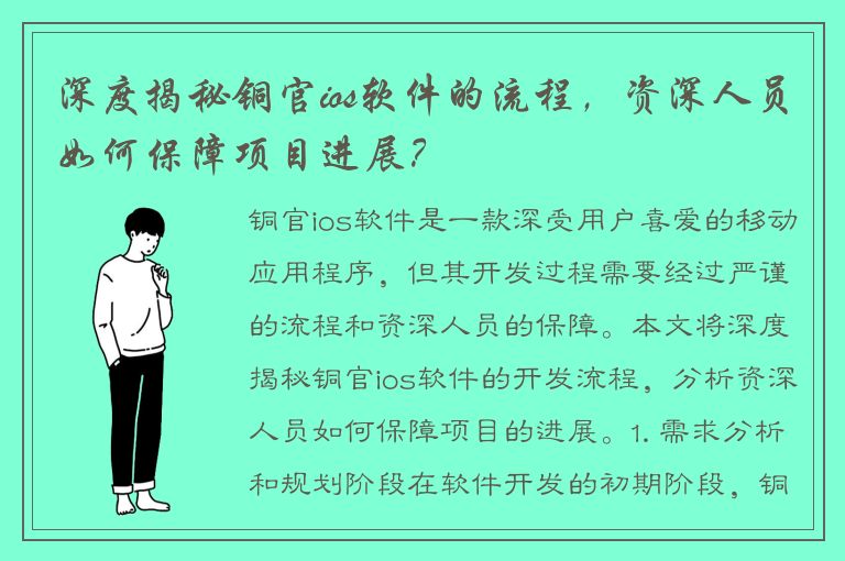 深度揭秘铜官ios软件的流程，资深人员如何保障项目进展？