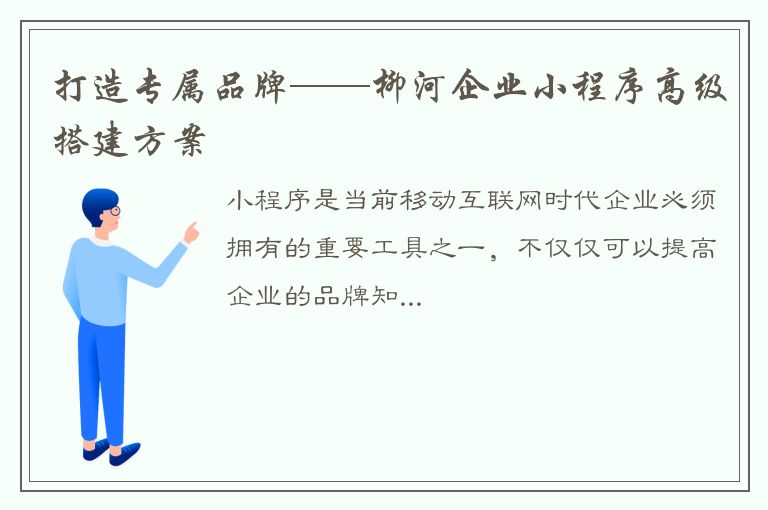 打造专属品牌——柳河企业小程序高级搭建方案