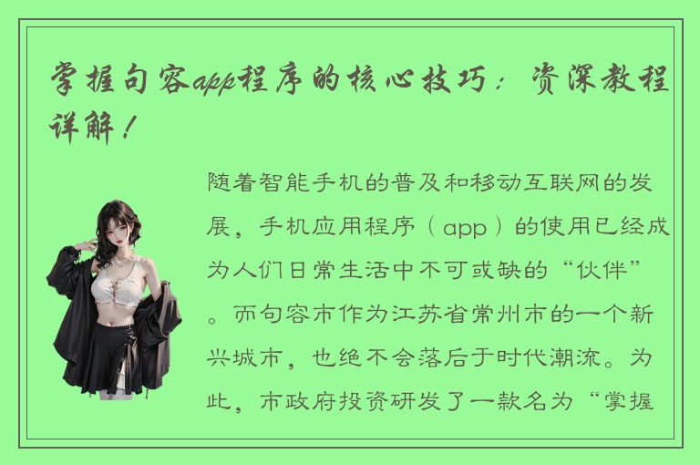 掌握句容app程序的核心技巧：资深教程详解！