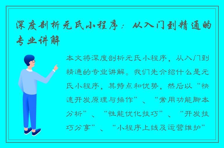 深度剖析元氏小程序：从入门到精通的专业讲解