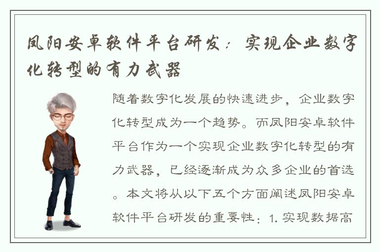 凤阳安卓软件平台研发：实现企业数字化转型的有力武器