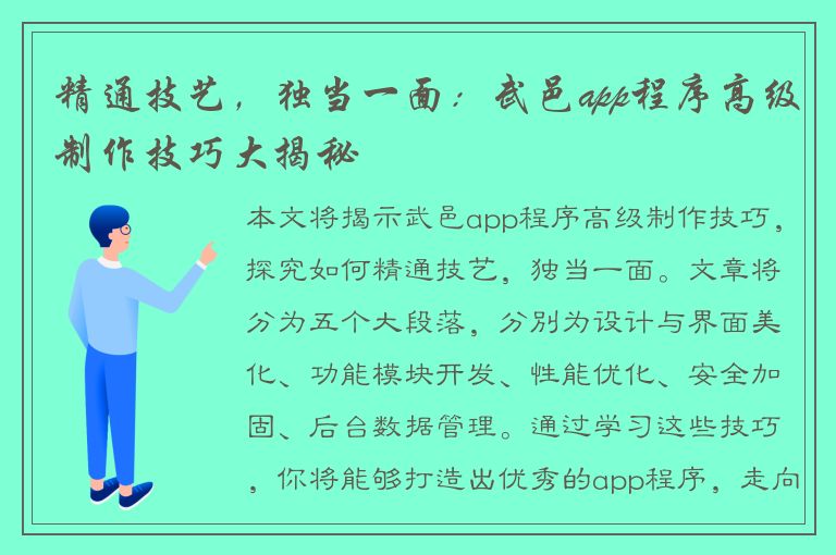 精通技艺，独当一面：武邑app程序高级制作技巧大揭秘