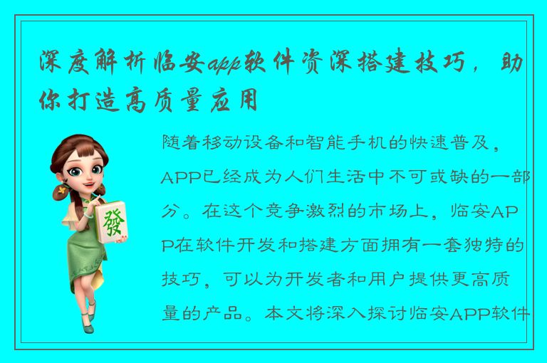 深度解析临安app软件资深搭建技巧，助你打造高质量应用