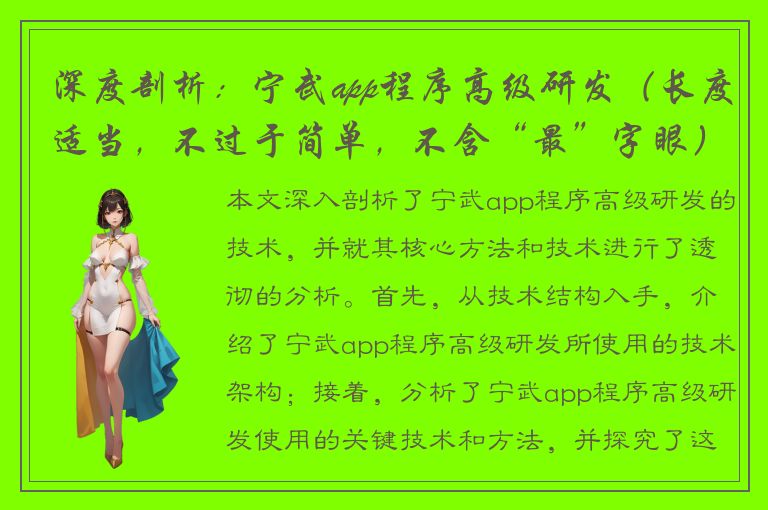 深度剖析：宁武app程序高级研发（长度适当，不过于简单，不含“最”字眼）推荐标题：深入探究宁武app程序高级研发技术