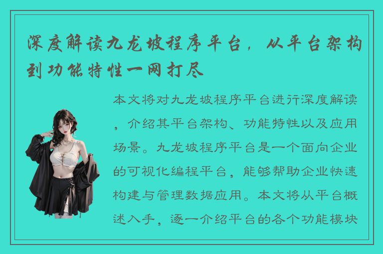 深度解读九龙坡程序平台，从平台架构到功能特性一网打尽