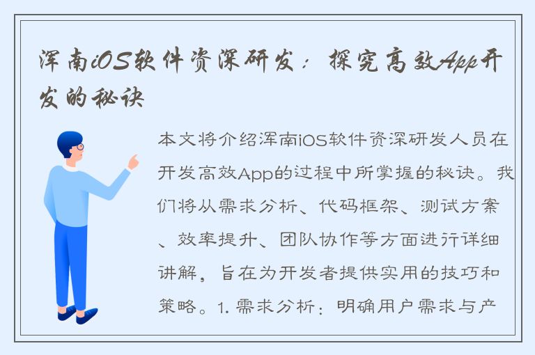 浑南iOS软件资深研发：探究高效App开发的秘诀