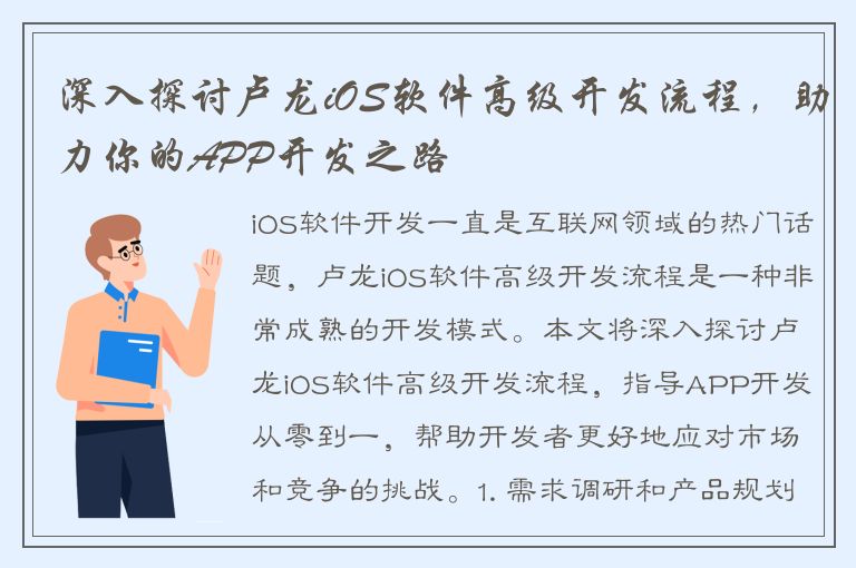 深入探讨卢龙iOS软件高级开发流程，助力你的APP开发之路