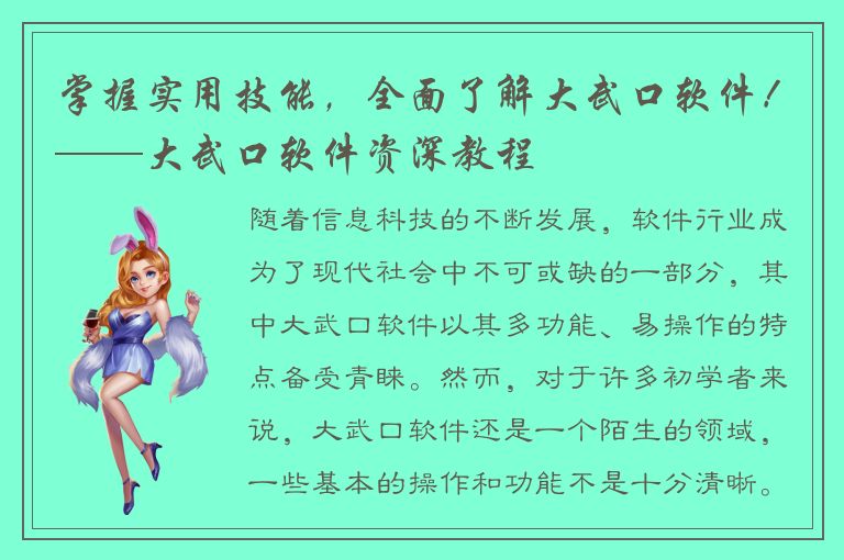 掌握实用技能，全面了解大武口软件！——大武口软件资深教程