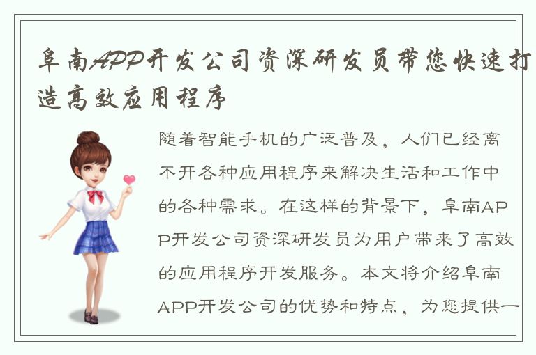 阜南APP开发公司资深研发员带您快速打造高效应用程序