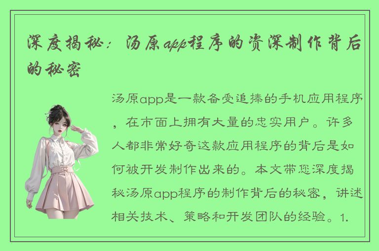 深度揭秘：汤原app程序的资深制作背后的秘密