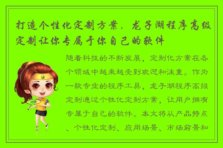 打造个性化定制方案，龙子湖程序高级定制让你专属于你自己的软件