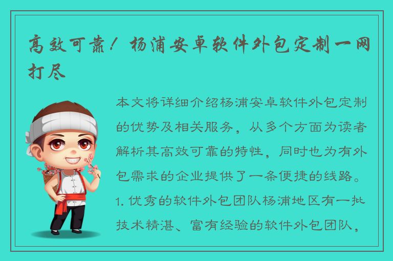 高效可靠！杨浦安卓软件外包定制一网打尽