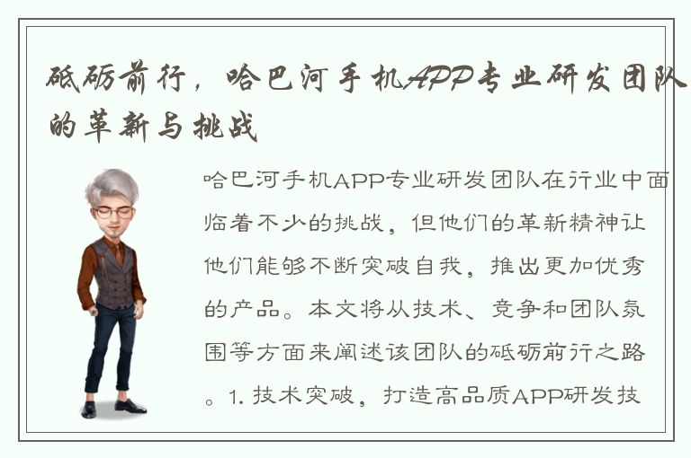 砥砺前行，哈巴河手机APP专业研发团队的革新与挑战